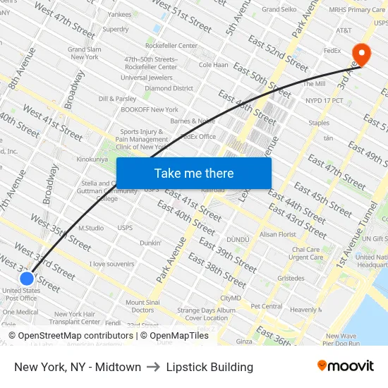 New York, NY - Midtown to Lipstick Building map