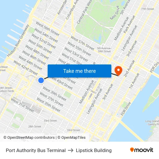 Port Authority Bus Terminal to Lipstick Building map