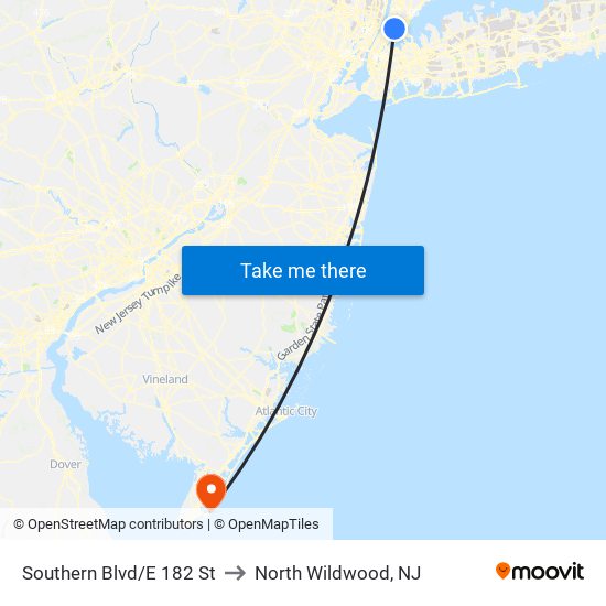 Southern Blvd/E 182 St to North Wildwood, NJ map