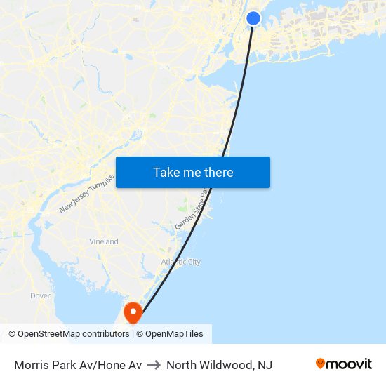 Morris Park Av/Hone Av to North Wildwood, NJ map