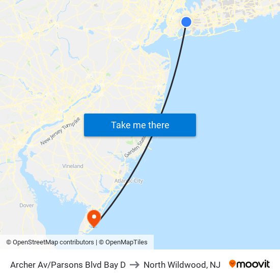 Archer Av/Parsons Blvd Bay D to North Wildwood, NJ map