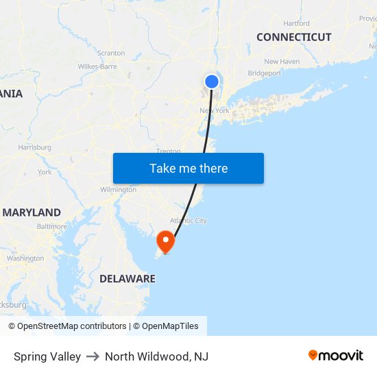 Spring Valley to North Wildwood, NJ map