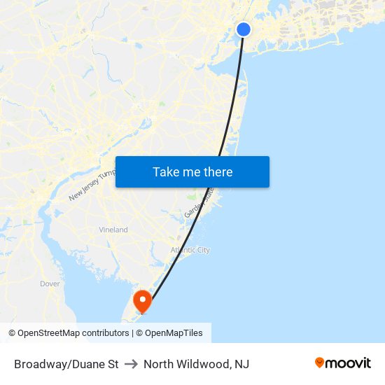 Broadway/Duane St to North Wildwood, NJ map