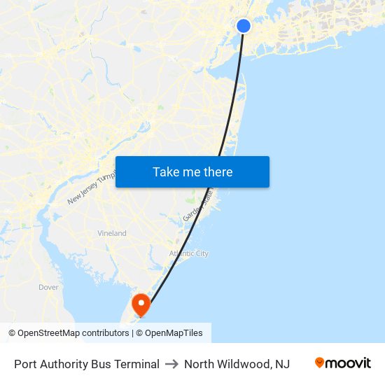Port Authority Bus Terminal to North Wildwood, NJ map