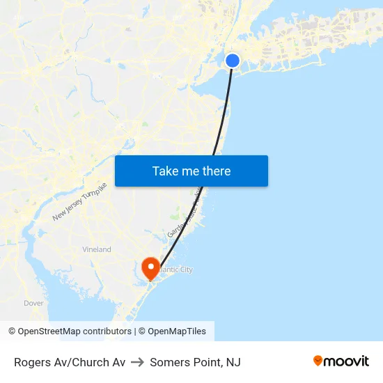 Rogers Av/Church Av to Somers Point, NJ map