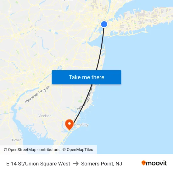 E 14 St/Union Square West to Somers Point, NJ map
