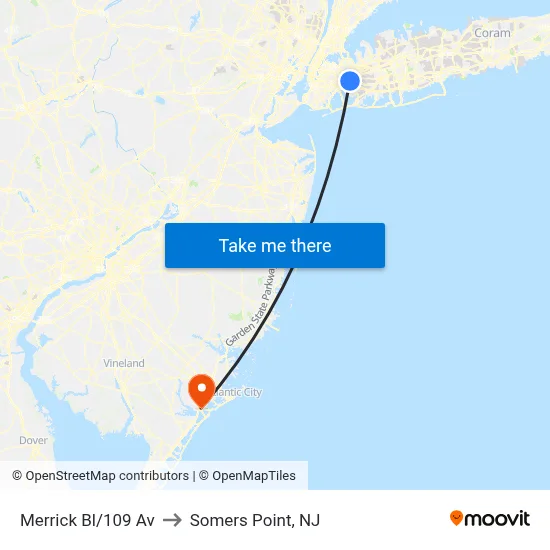 Merrick Bl/109 Av to Somers Point, NJ map