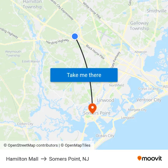 Hamilton Mall to Somers Point, NJ map