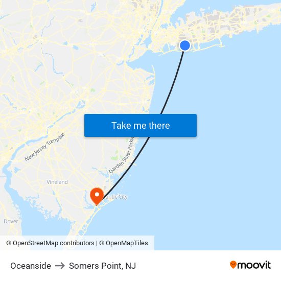 Oceanside to Somers Point, NJ map