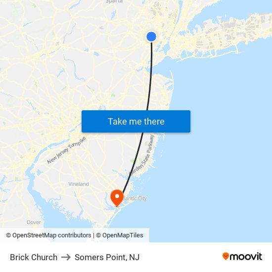 Brick Church to Somers Point, NJ map