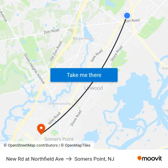 New Rd at Northfield Ave to Somers Point, NJ map