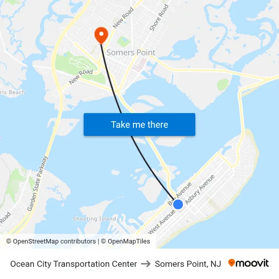 Ocean City Transportation Center to Somers Point, NJ map