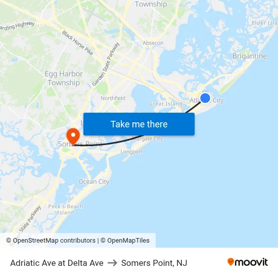Adriatic Ave at Delta Ave to Somers Point, NJ map
