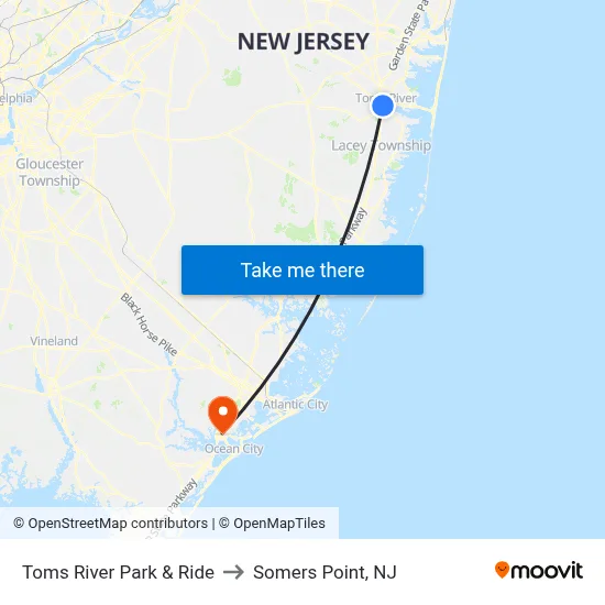 Toms River Park & Ride to Somers Point, NJ map