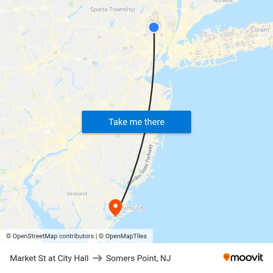 Market St at City Hall to Somers Point, NJ map