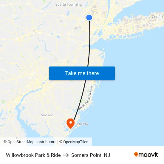 Willowbrook Park & Ride to Somers Point, NJ map