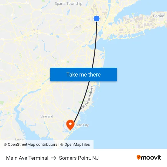 Main Ave Terminal to Somers Point, NJ map