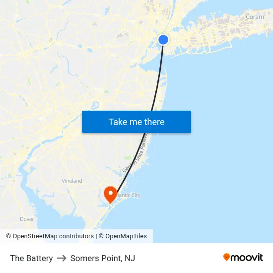 The Battery to Somers Point, NJ map