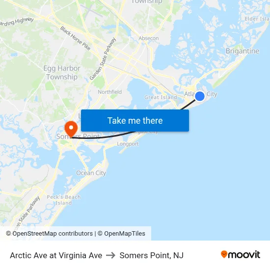 Arctic Ave at Virginia Ave to Somers Point, NJ map