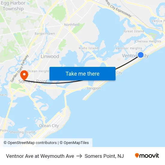 Ventnor Ave at Weymouth Ave to Somers Point, NJ map