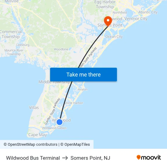 Wildwood Bus Terminal to Somers Point, NJ map