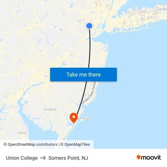 Union College to Somers Point, NJ map