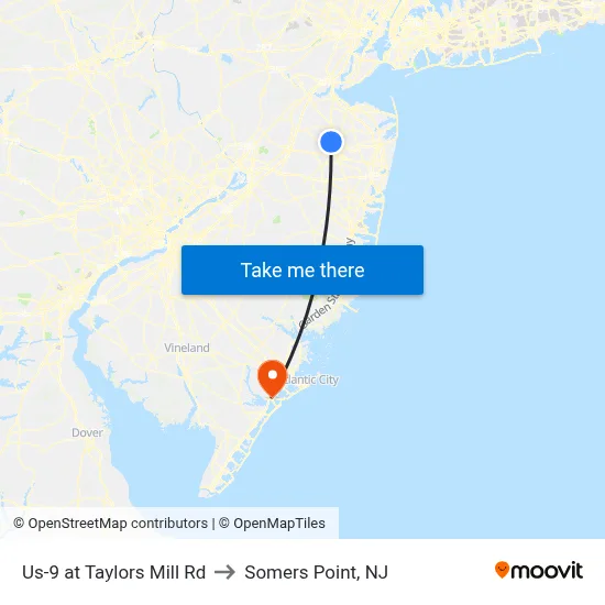 Us-9 at Taylors Mill Rd to Somers Point, NJ map