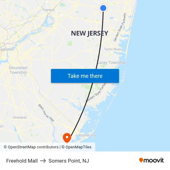 Freehold Mall to Somers Point, NJ map
