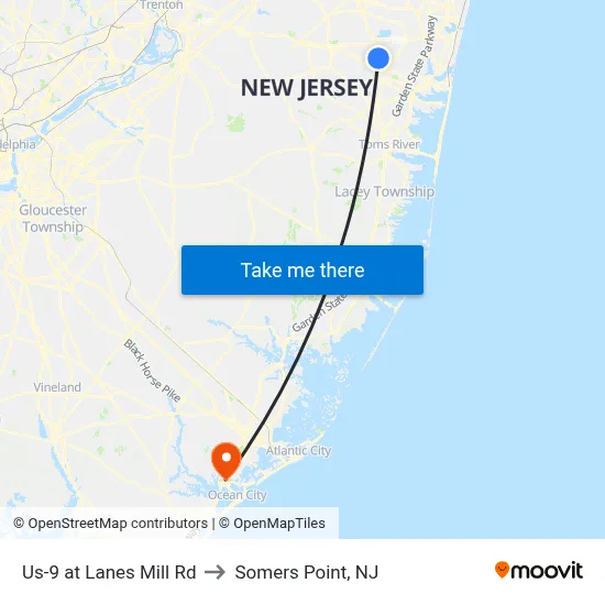 Us-9 at Lanes Mill Rd to Somers Point, NJ map