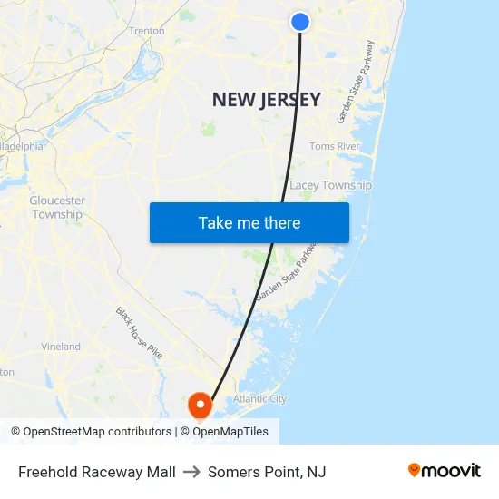 Freehold Raceway Mall to Somers Point, NJ map