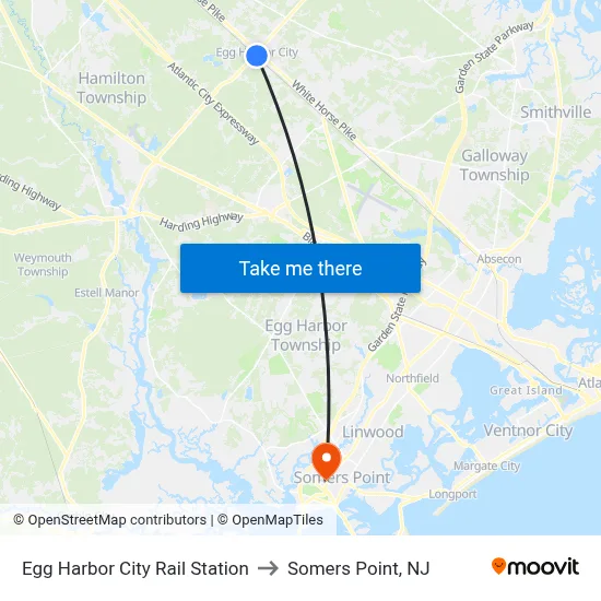 Egg Harbor City Rail Station to Somers Point, NJ map