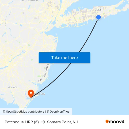 Patchogue LIRR (6) to Somers Point, NJ map