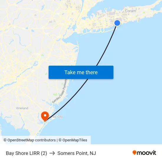 Bay Shore LIRR (2) to Somers Point, NJ map
