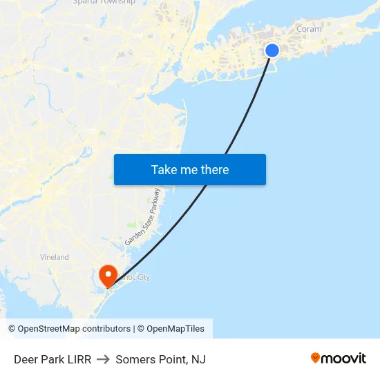 Deer Park LIRR to Somers Point, NJ map