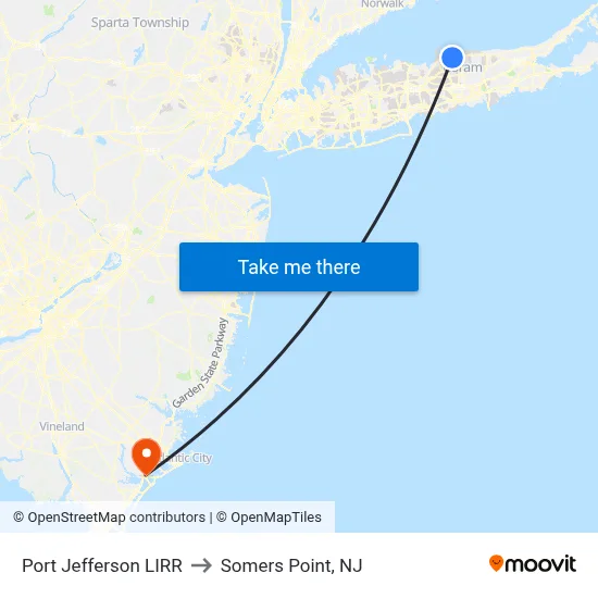 Port Jefferson LIRR to Somers Point, NJ map