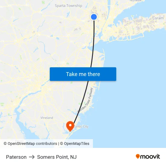 Paterson to Somers Point, NJ map