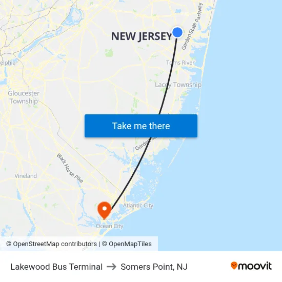 Lakewood Bus Terminal to Somers Point, NJ map