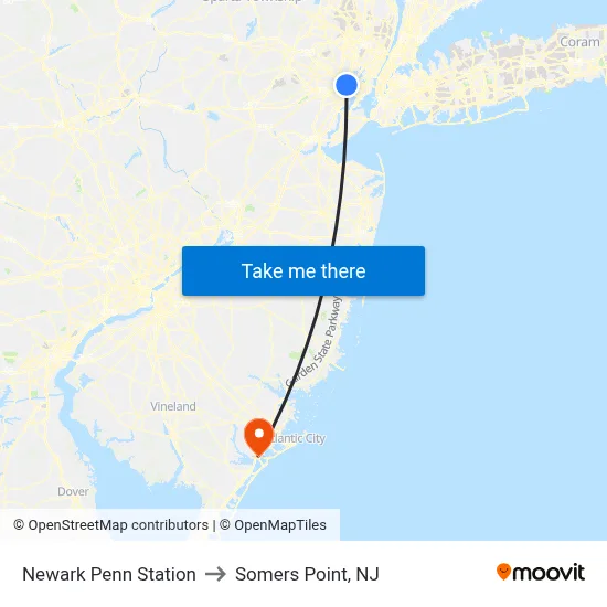 Newark Penn Station to Somers Point, NJ map