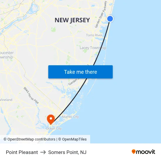 Point Pleasant to Somers Point, NJ map