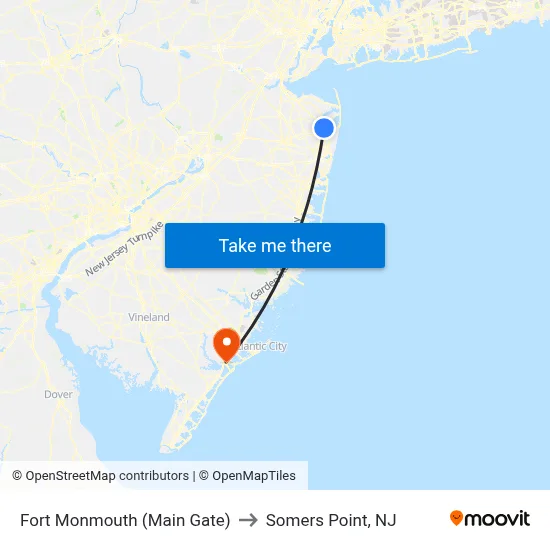 Fort Monmouth (Main Gate) to Somers Point, NJ map