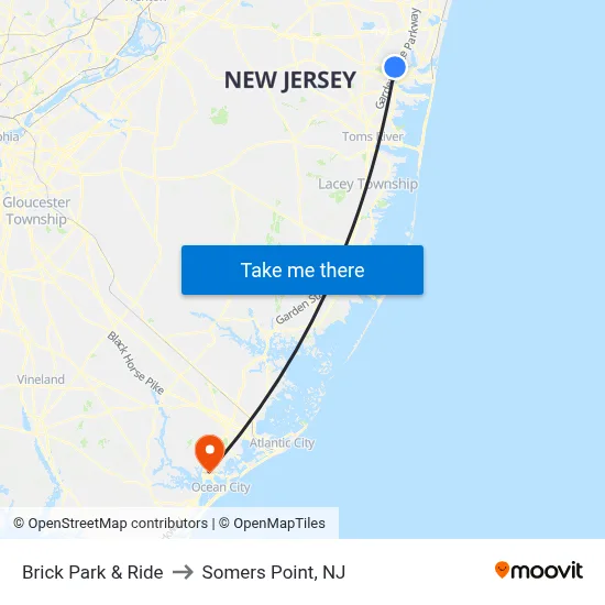 Brick Park & Ride to Somers Point, NJ map