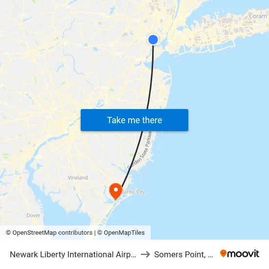 Newark Liberty International Airport to Somers Point, NJ map