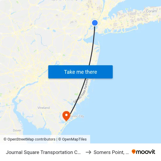 Journal Square Transportation Center to Somers Point, NJ map