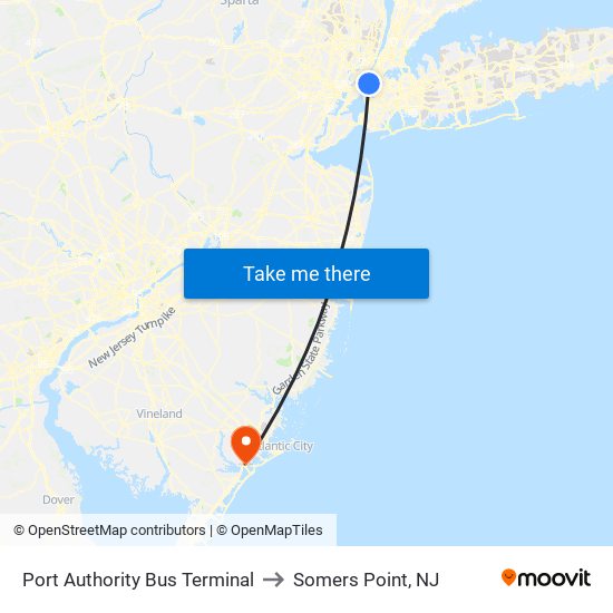 Port Authority Bus Terminal to Somers Point, NJ map