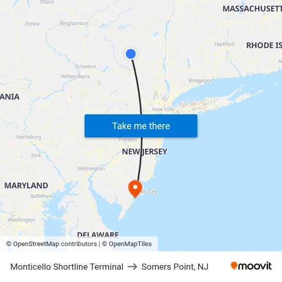 Monticello Shortline Terminal to Somers Point, NJ map