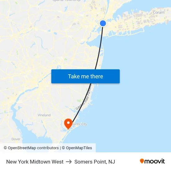 New York Midtown West to Somers Point, NJ map