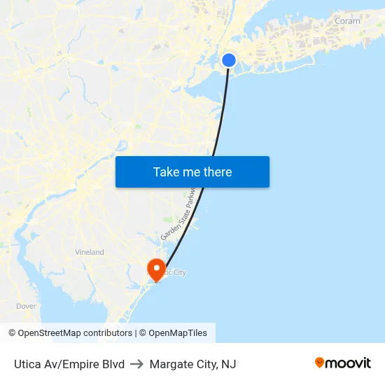 Utica Av/Empire Blvd to Margate City, NJ map