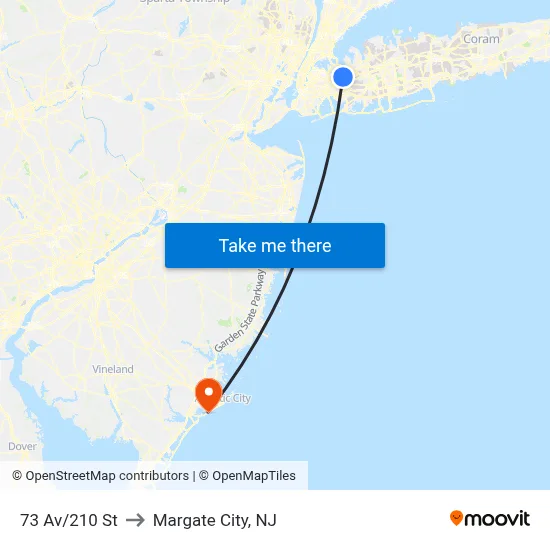 73 Av/210 St to Margate City, NJ map