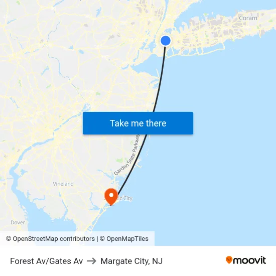 Forest Av/Gates Av to Margate City, NJ map