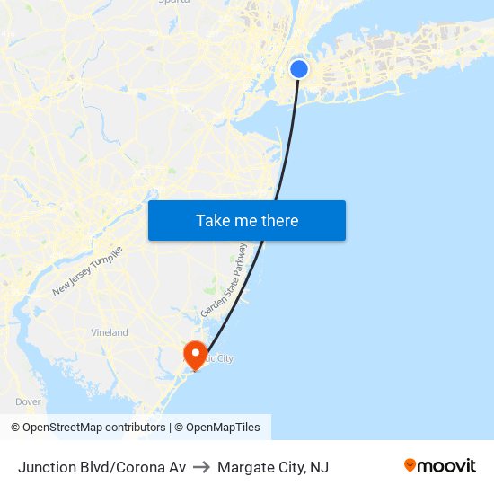 Junction Blvd/Corona Av to Margate City, NJ map